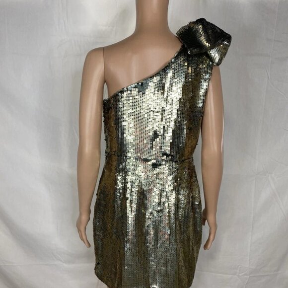 NEW MAEVE Anthropologie Women’s One-Shoulder Sequin Mini Dress Size 8P – Gold - Picture 4 of 9
